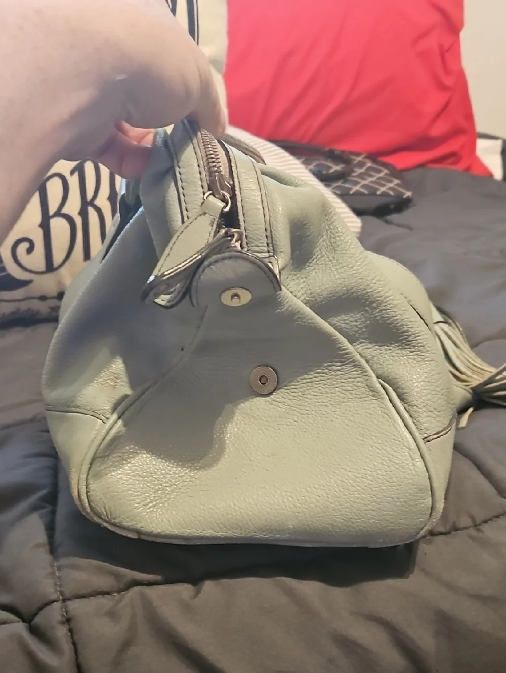 Authentic MCM Worldwide Tassel Leather‎ Tote Shoulder Bag in Light Sage Green